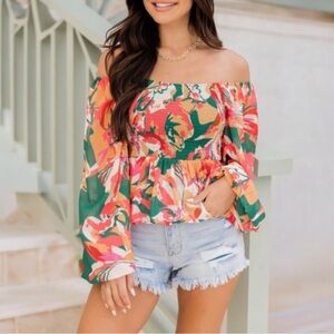 PINK LILY ☆ Floral Chiffon Smocked Off Shoulder Babydoll Top